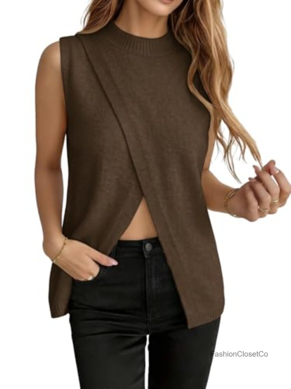 Sweater Vest Mock Neck Front Split Pullover Top Sleeveless Fall Layering